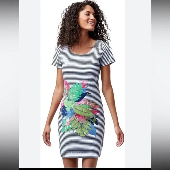 Tommy Bahama Navy & White Striped Mini Dress With Tropical Floral Print
